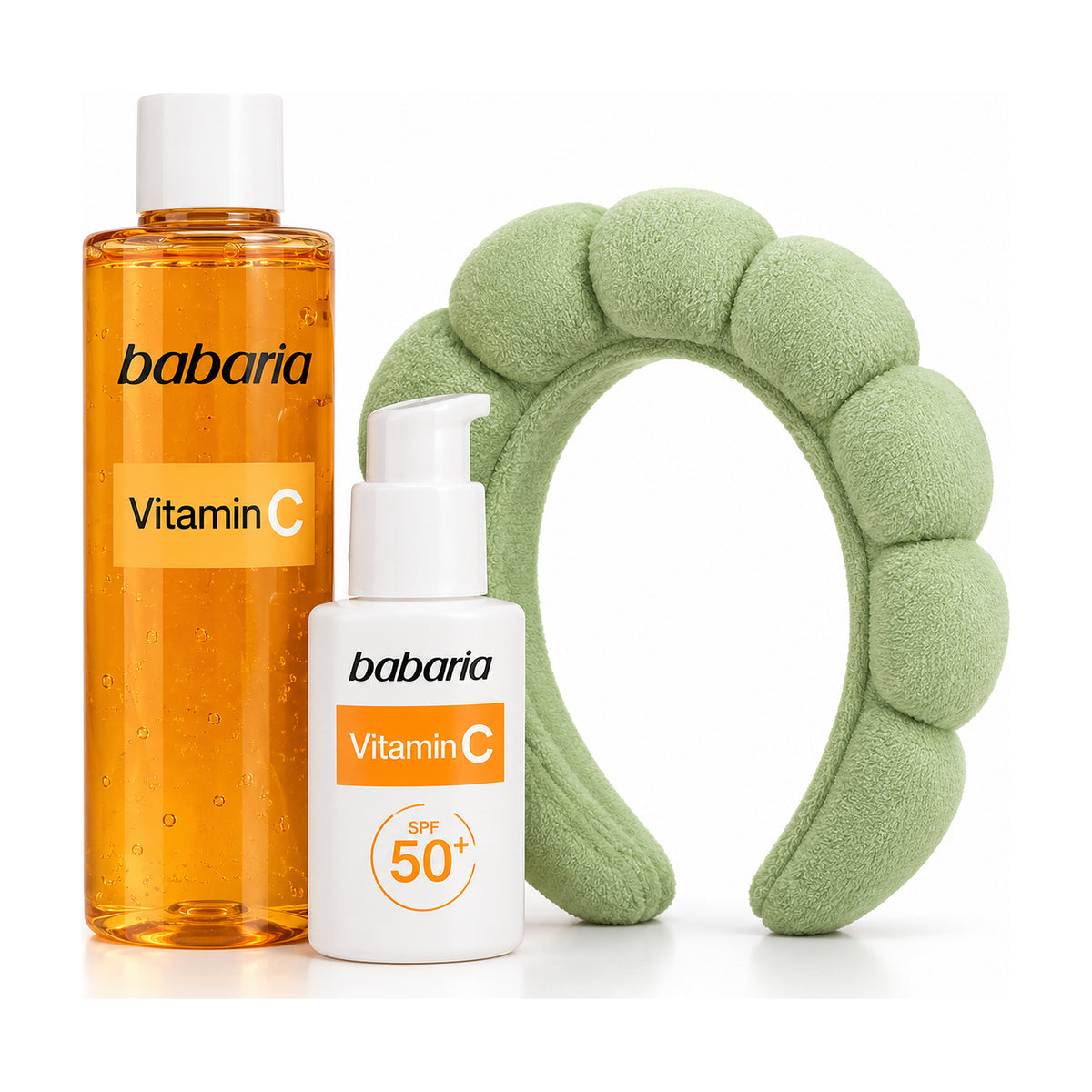 Babaria C vitamīna ādas kopšanas dāvanu komplekts – sejas mazgāšanas želeja + dienas fluīds SPF 50+ + matu stīpa