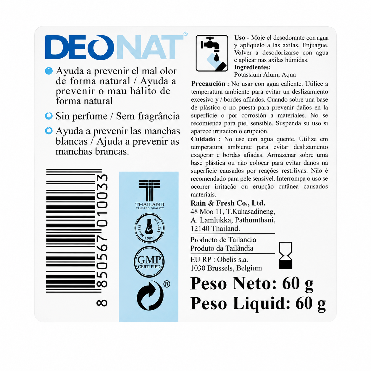 Deonat Mineral-Deodorantstick – Natürlicher Alaunkristall – Ohne Duftstoffe – 60g