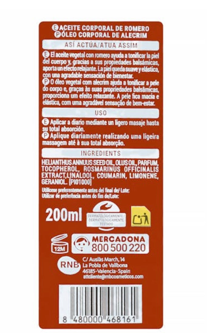 Deliplus rozmarīna ķermeņa eļļa 100% dabīga — tonizējoša un relaksējoša augu eļļa, 200 ml