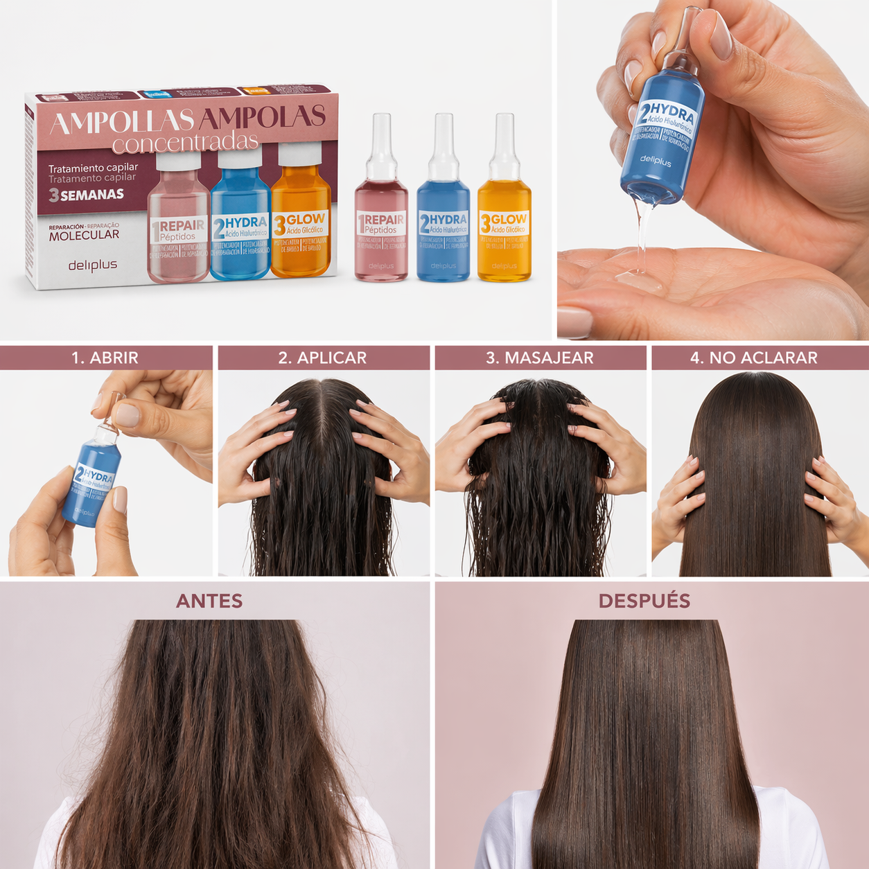 Deliplus Konzentrierte Haarampullen – Reparatur, Hydra & Glow (3x20ml)