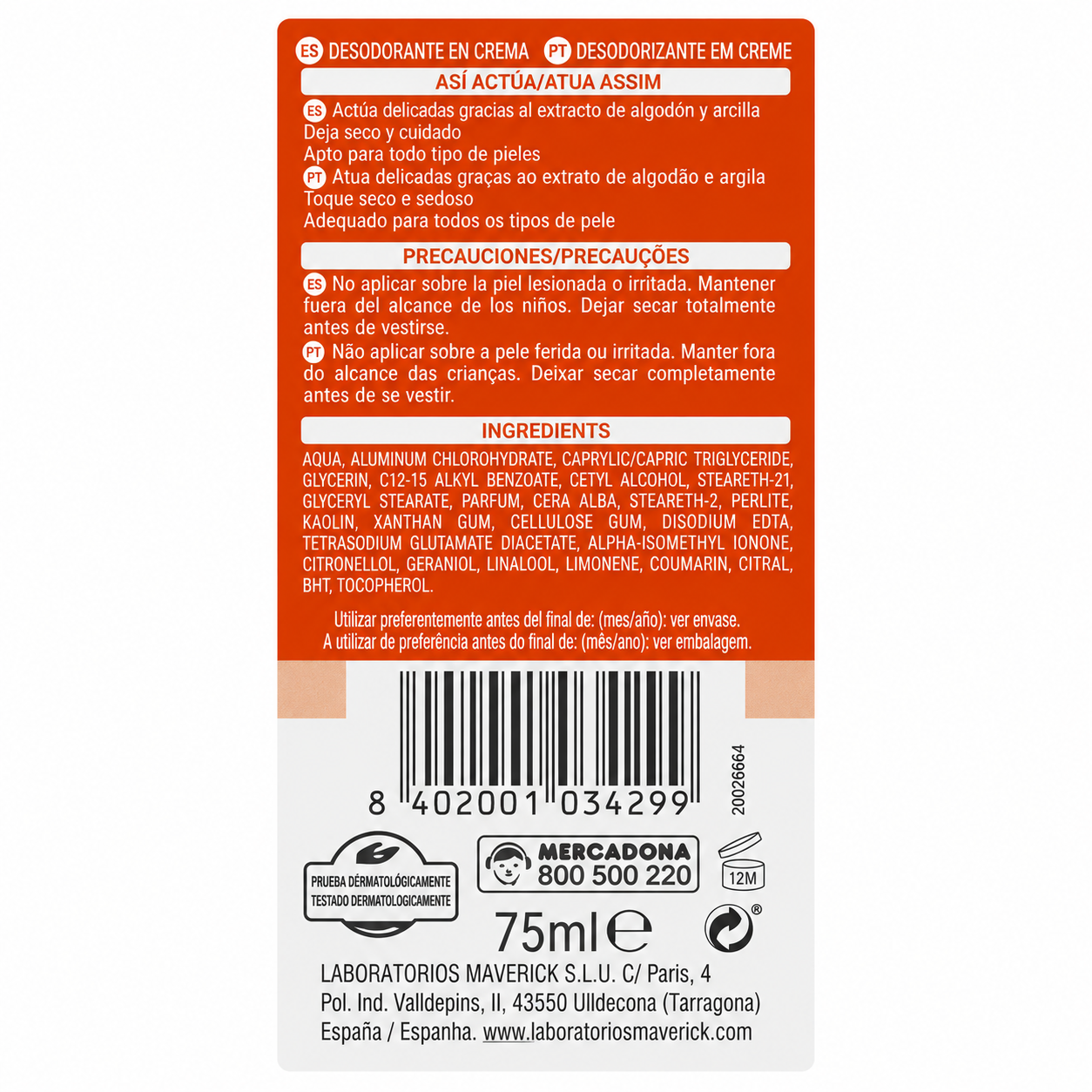 Deliplus Cream Deodorant - Delicate Skin - 48h Protection - Alcohol-Free - 75ml
