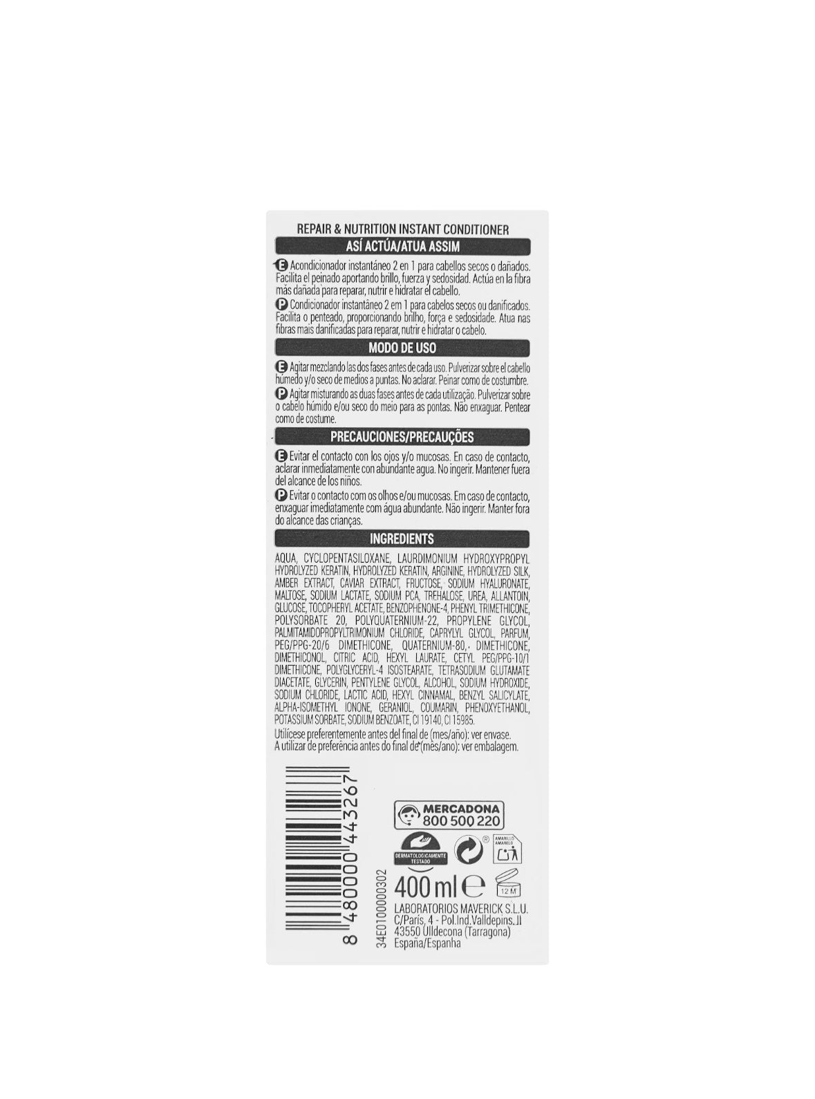 Repair & Nutrition instant conditioner for dry and damaged hair with 8 restoring agents with spray Deliplus