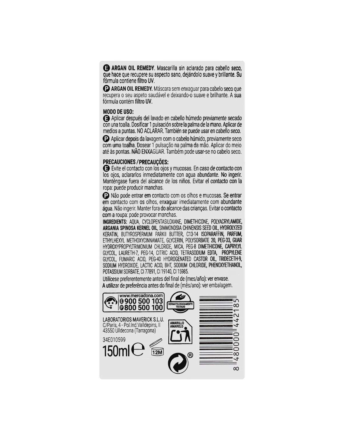 Masque capillaire à l'huile d'argan sans rinçage pour cheveux secs et abîmés Deliplus