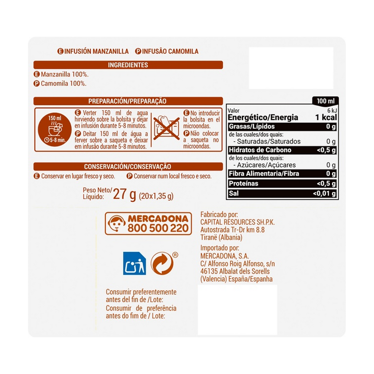 Hacendado Chamomile Infusion (Manzanilla) — 20 Tea Bags (27 g)
