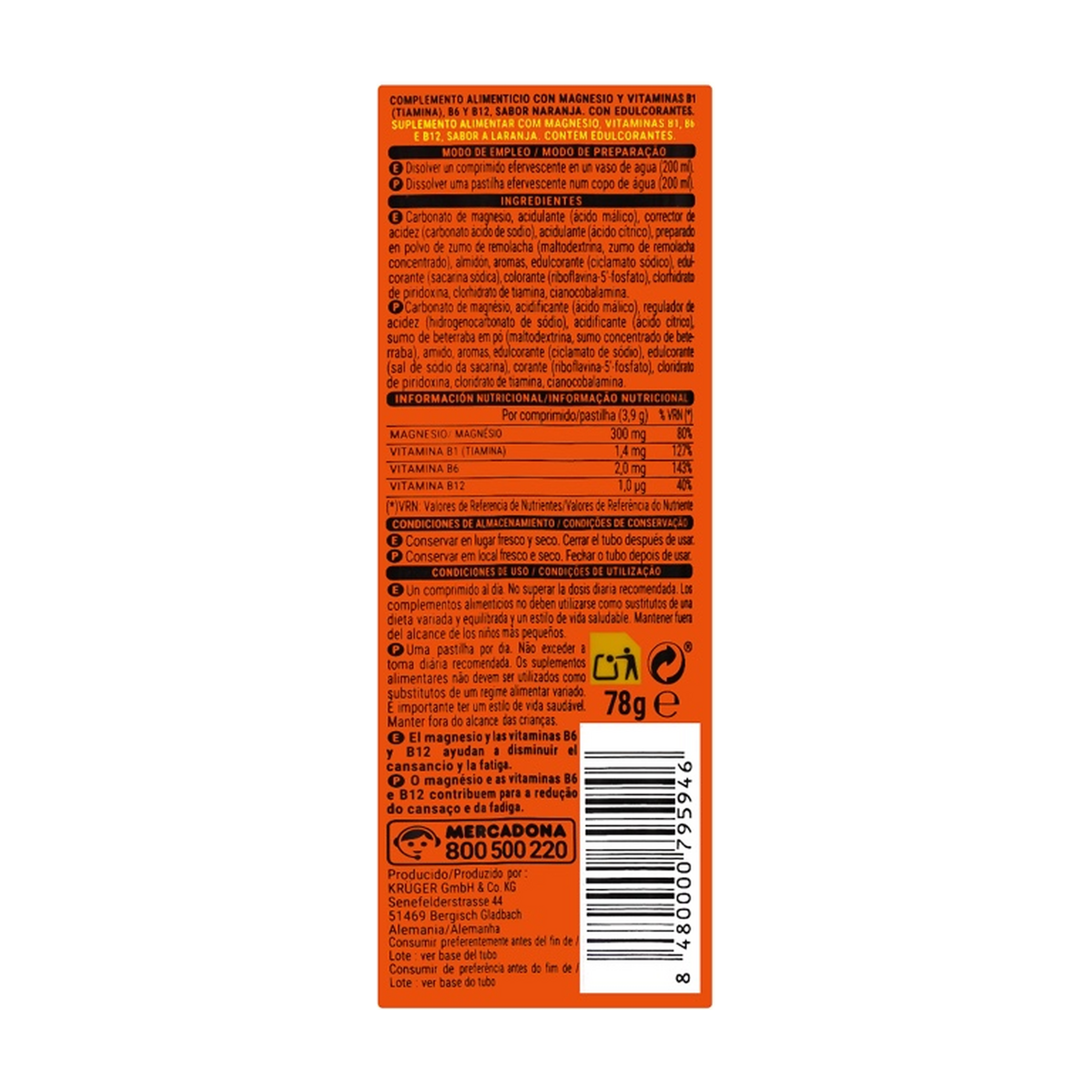 Deliplus Magnesio 300 mg + B1, B6, B12 vitamīni — apelsīnu putojošās tabletes (20 tabletes)
