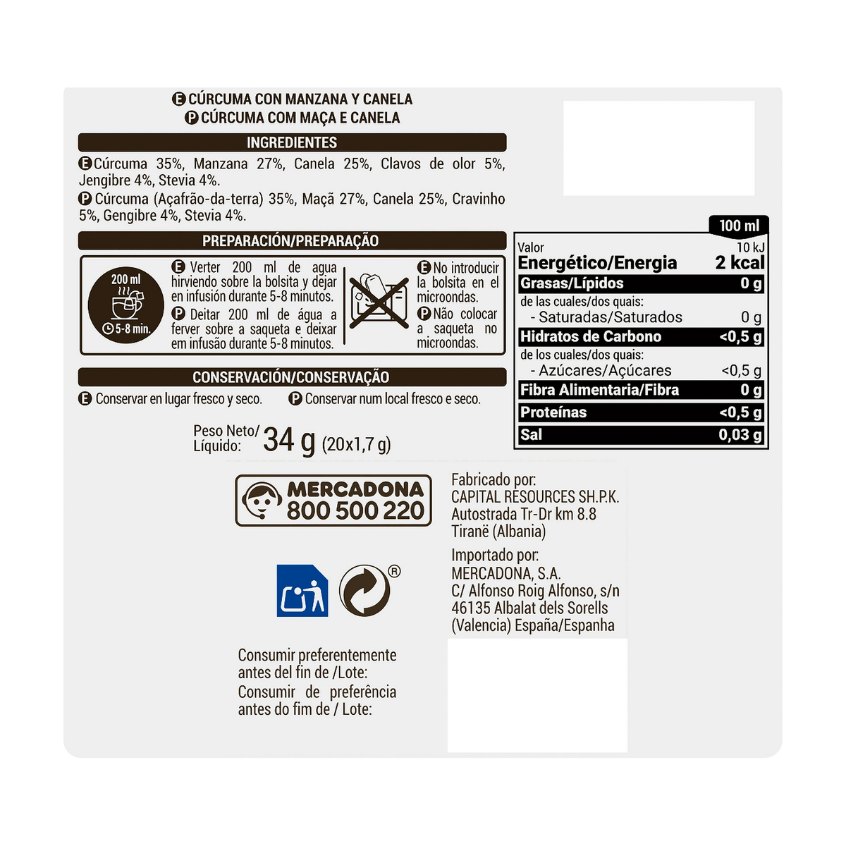 Hacendado-Kurkumaaufguss mit Apfel und Zimt (Cúrcuma) — 20 Teebeutel (34 g)