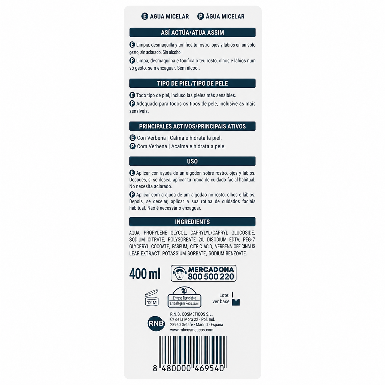 Deliplus Facial Clean Micellar Water - Face &amp; Eyes with Verbena - 400ml