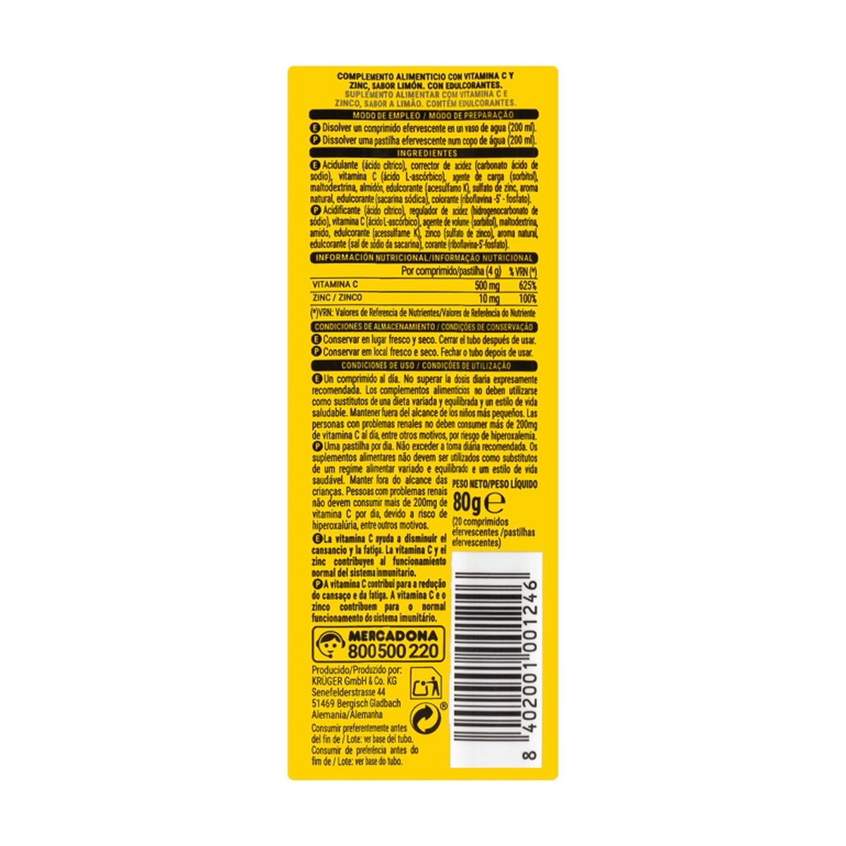 Deliplus C vitamīna 500mg + cinka putojošās tabletes, citrona garša (20 tabletes)