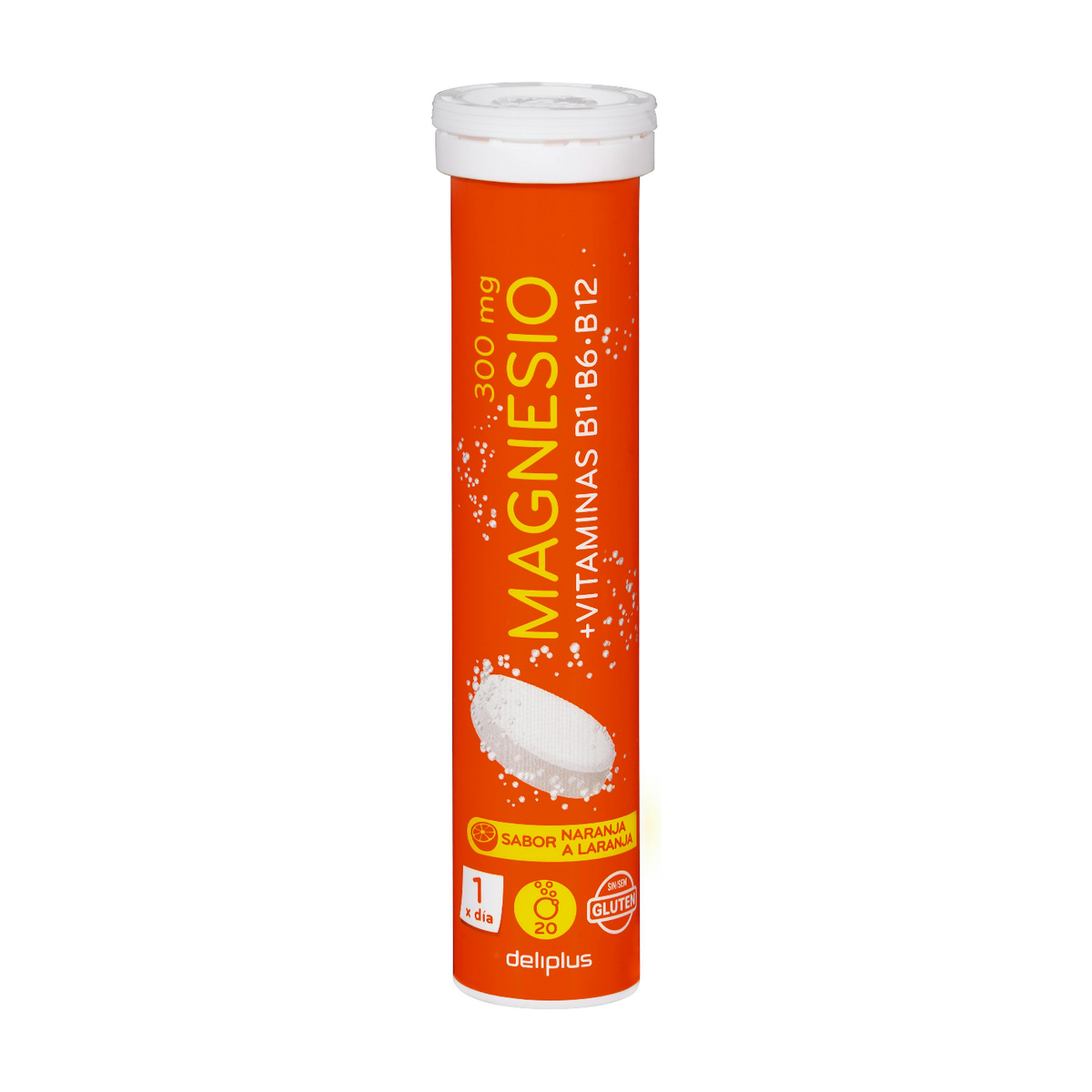 Deliplus Magnesio 300 mg + B1, B6, B12 vitamīni — apelsīnu putojošās tabletes (20 tabletes)