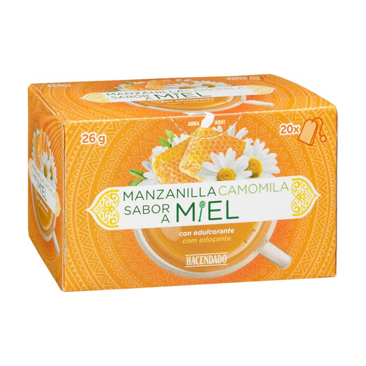 Hacendado-Kamillenaufguss mit Honiggeschmack (Manzanilla Sabor a Miel) — 20 Teebeutel (26 g)