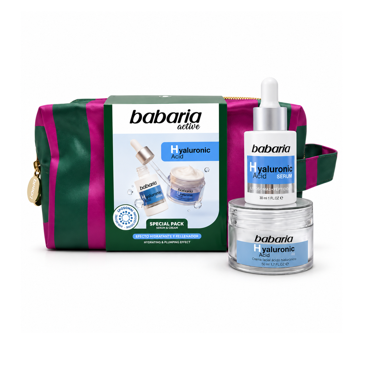 Babaria Active Hialuronskābes Special Pack – serums 30 ml + sejas krēms 50 ml + svītraina kosmētikas soma