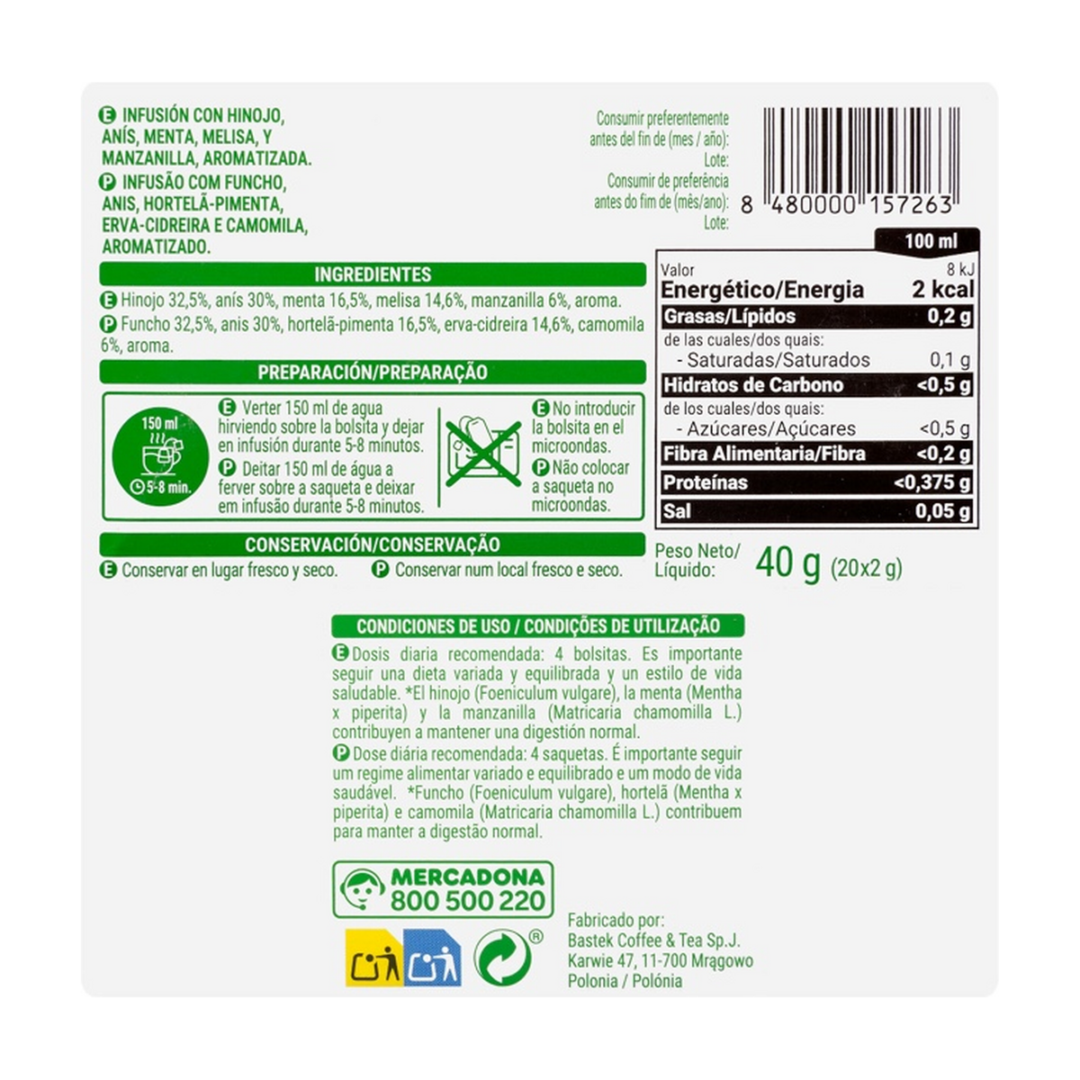 Hacendado Digest Infusion — Fennel, Anise, Mint, Lemon Balm & Chamomile (20 Tea Bags, 40 g)