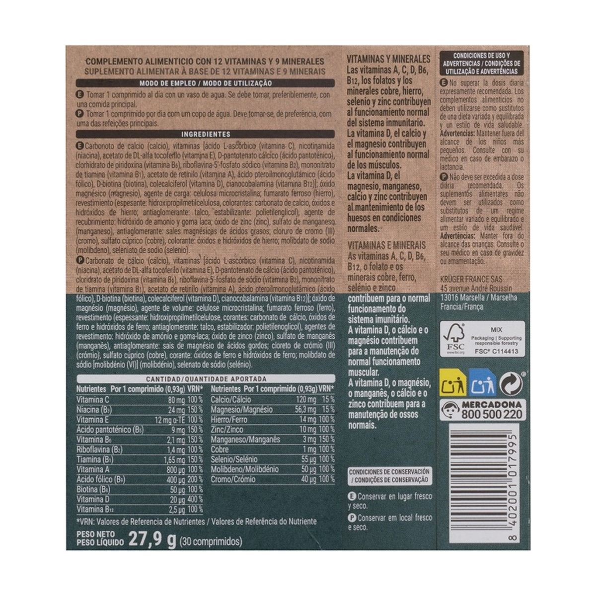 Deliplus vitamīni un minerālvielas — 12 vitamīni un 9 minerālvielas (30 tabletes)