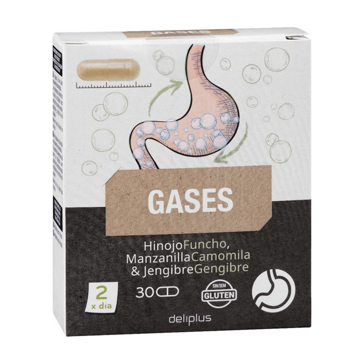 Deliplus Gases — fenhelis, kumelīte un ingvers gremošanas komfortam (30 kapsulas)
