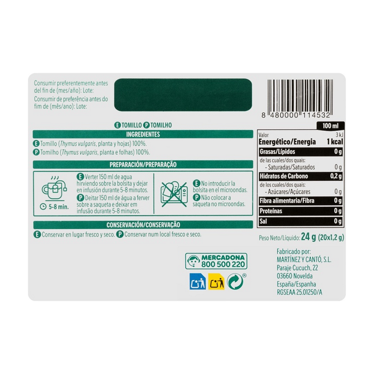 Hacendado Thyme Infusion (Tomillo) — 20 Tea Bags (24 g)