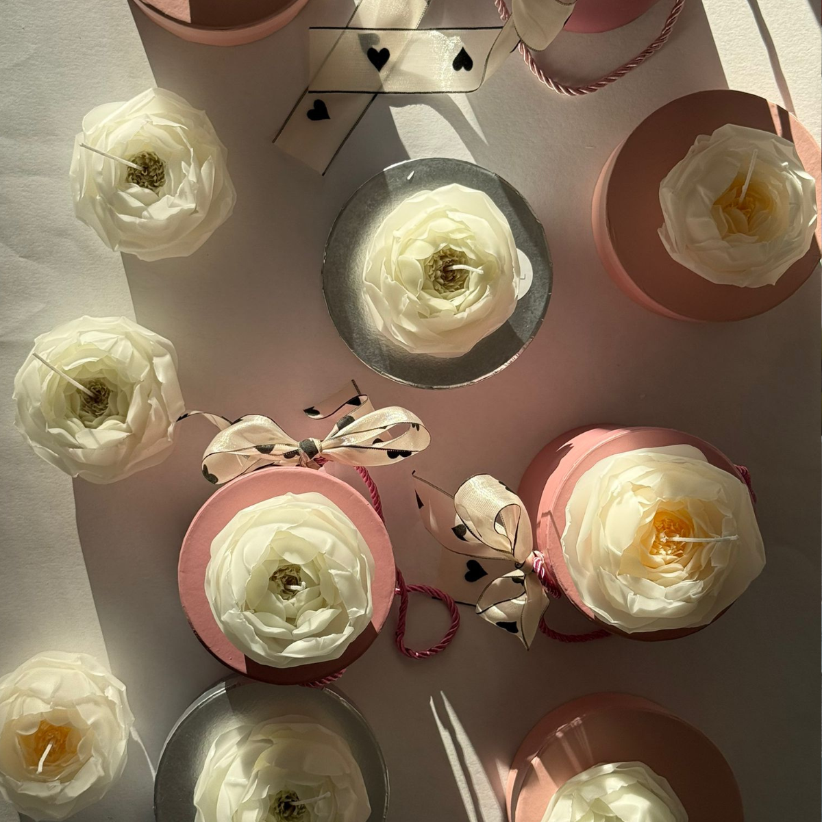 Handmade Beeswax Candle – White & Pink Peony Design