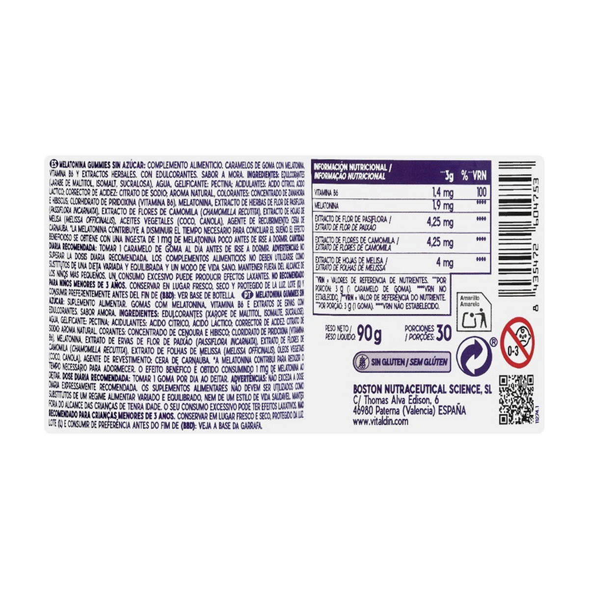 Vitaldin Sueño melatonīna gumijkonfektes 1,9 mg — bez cukura, kazenes garša (30 gumijkonfektes)
