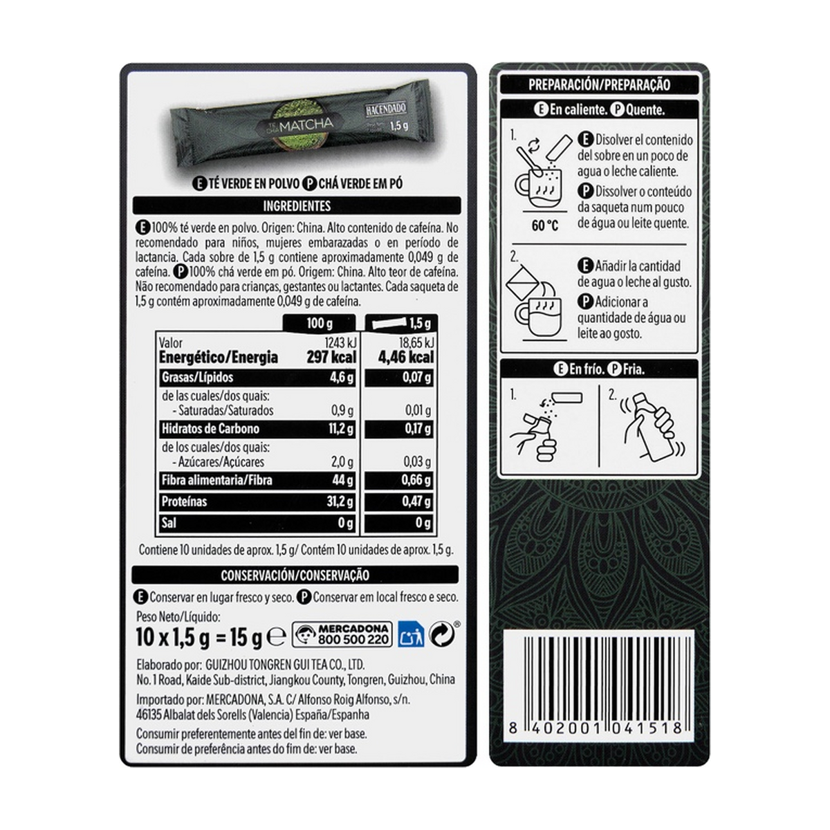 Hacendado Matcha Green Tea Powder — 10 Sticks (15 g)