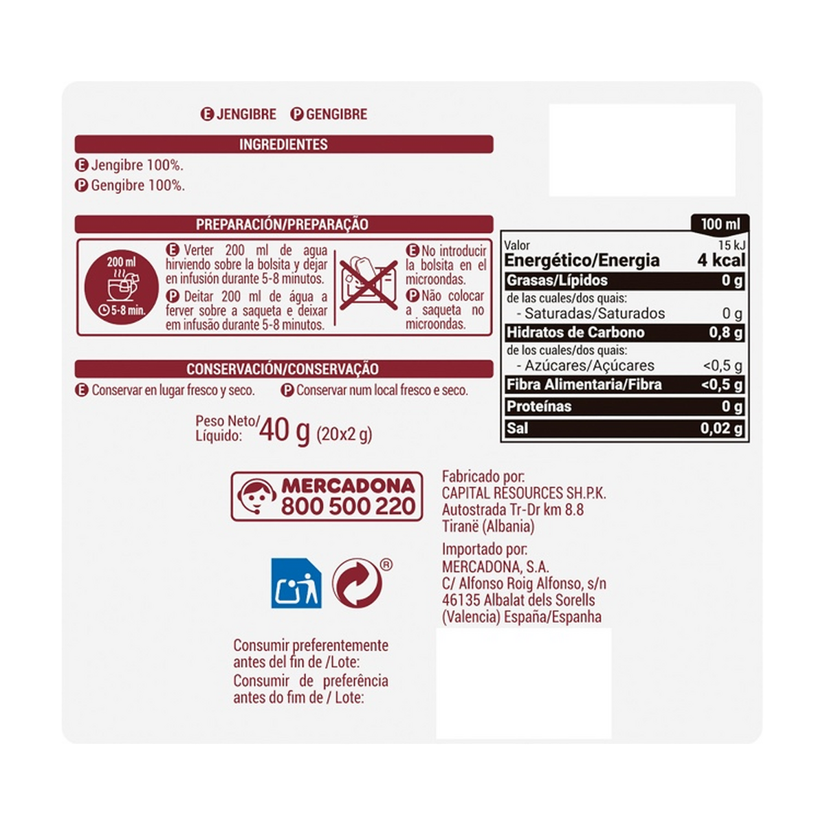 Hacendado-Ingweraufguss (Jengibre) — 20 Teebeutel (40 g)