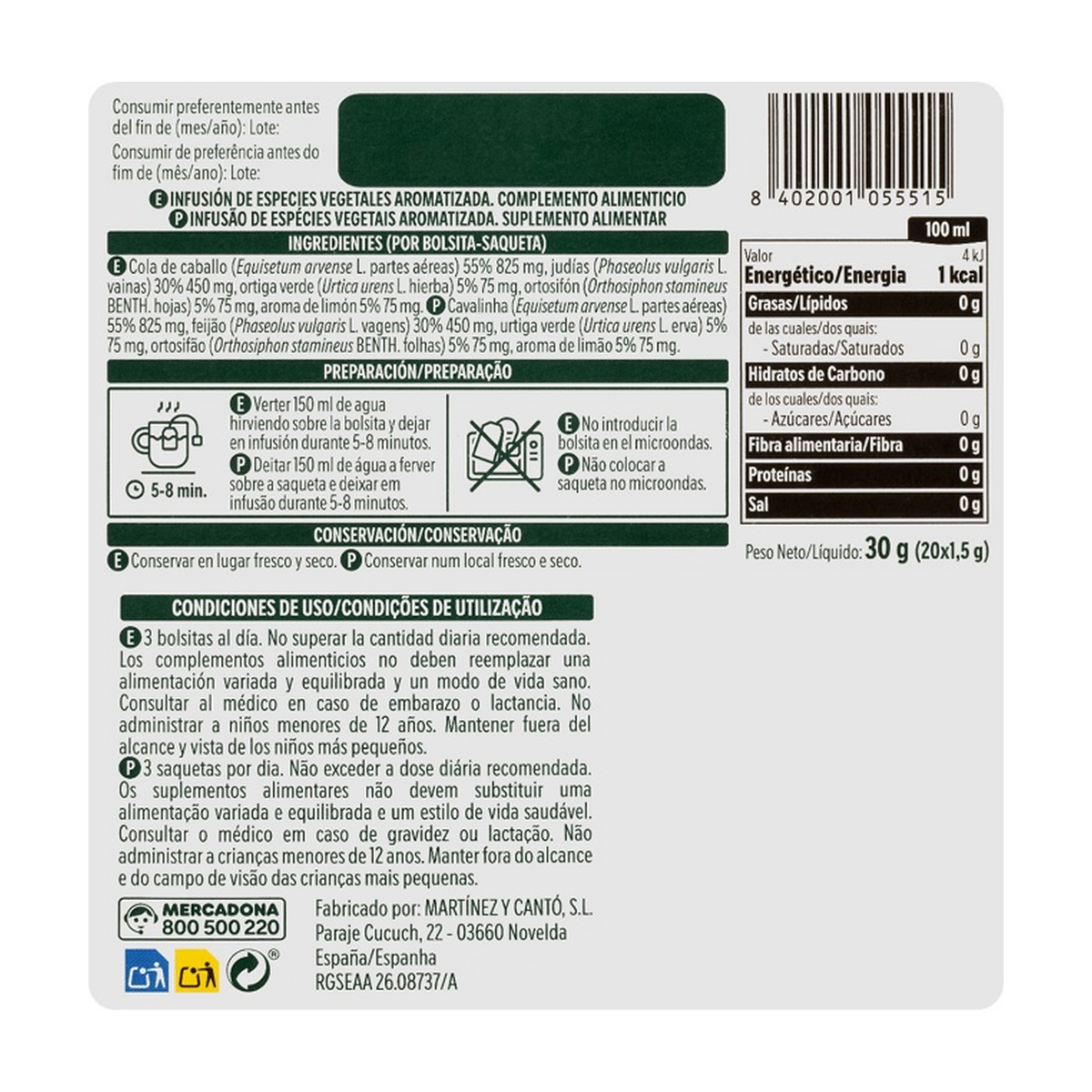 Hacendado Horsetail Infusion (Cola de Caballo) with Lemon — 20 Tea Bags (30 g)
