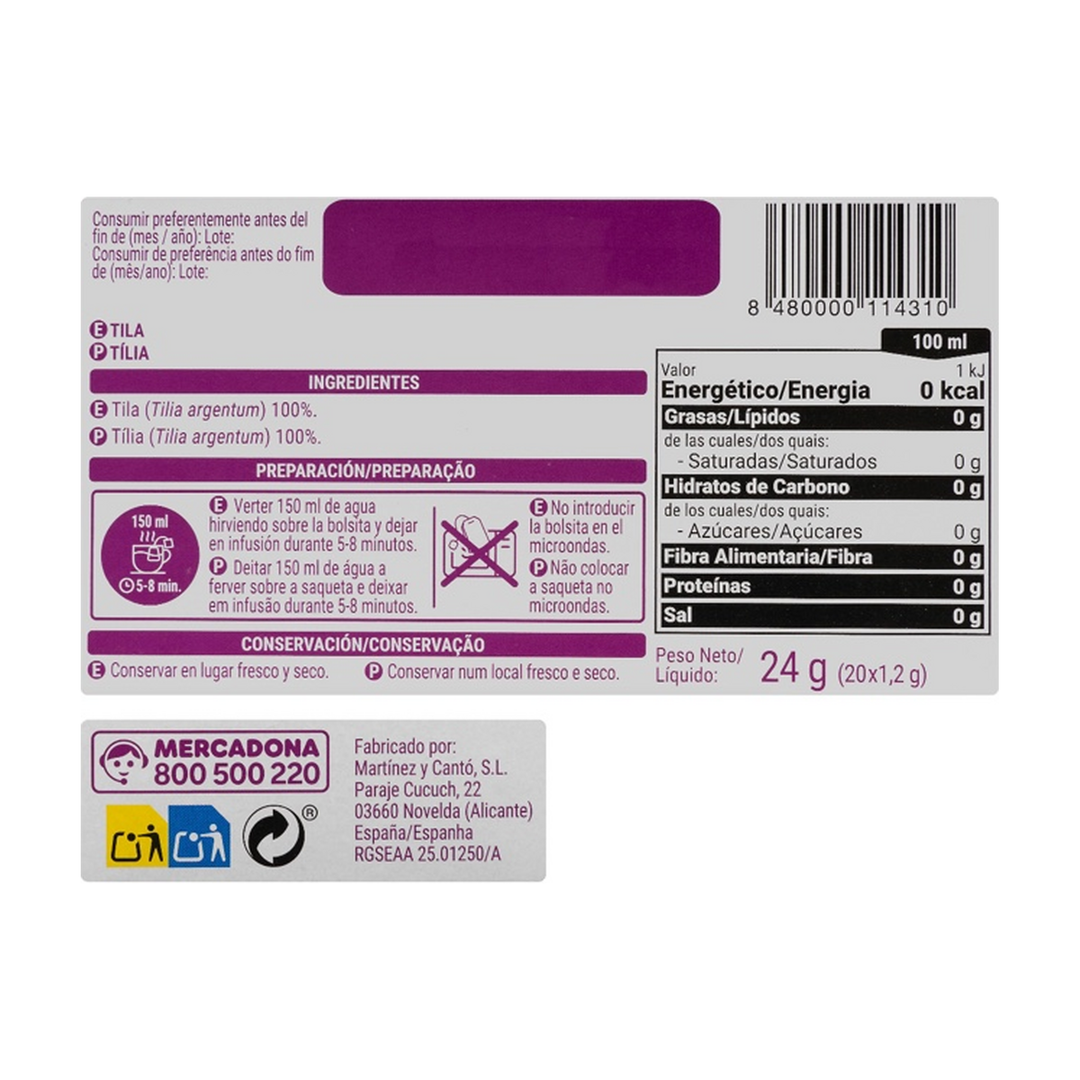 Hacendado Linden Infusion (Tila) — 20 Tea Bags (24 g)