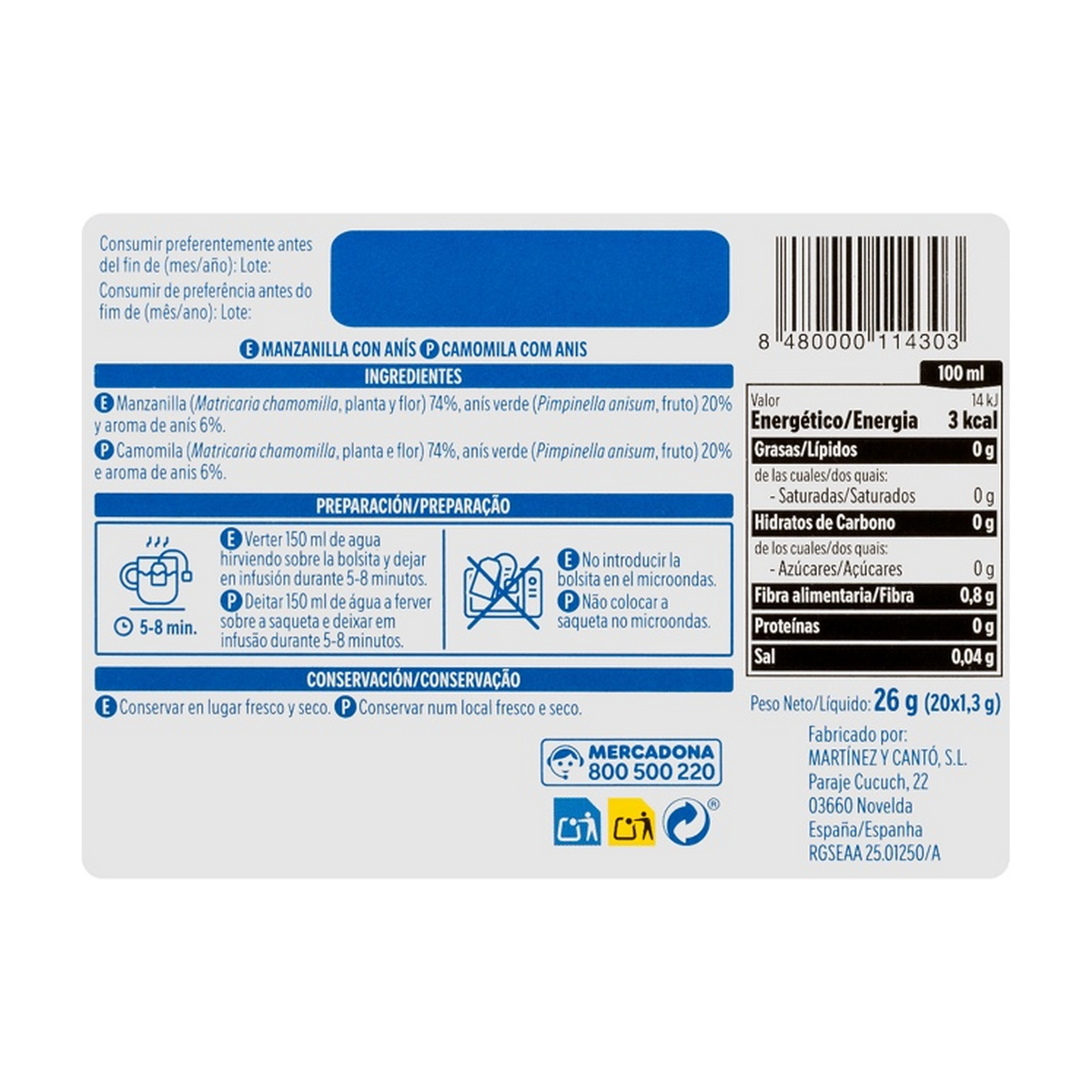 Hacendado Chamomile with Anise Infusion (Manzanilla con Anís) — 20 Tea Bags (26 g)
