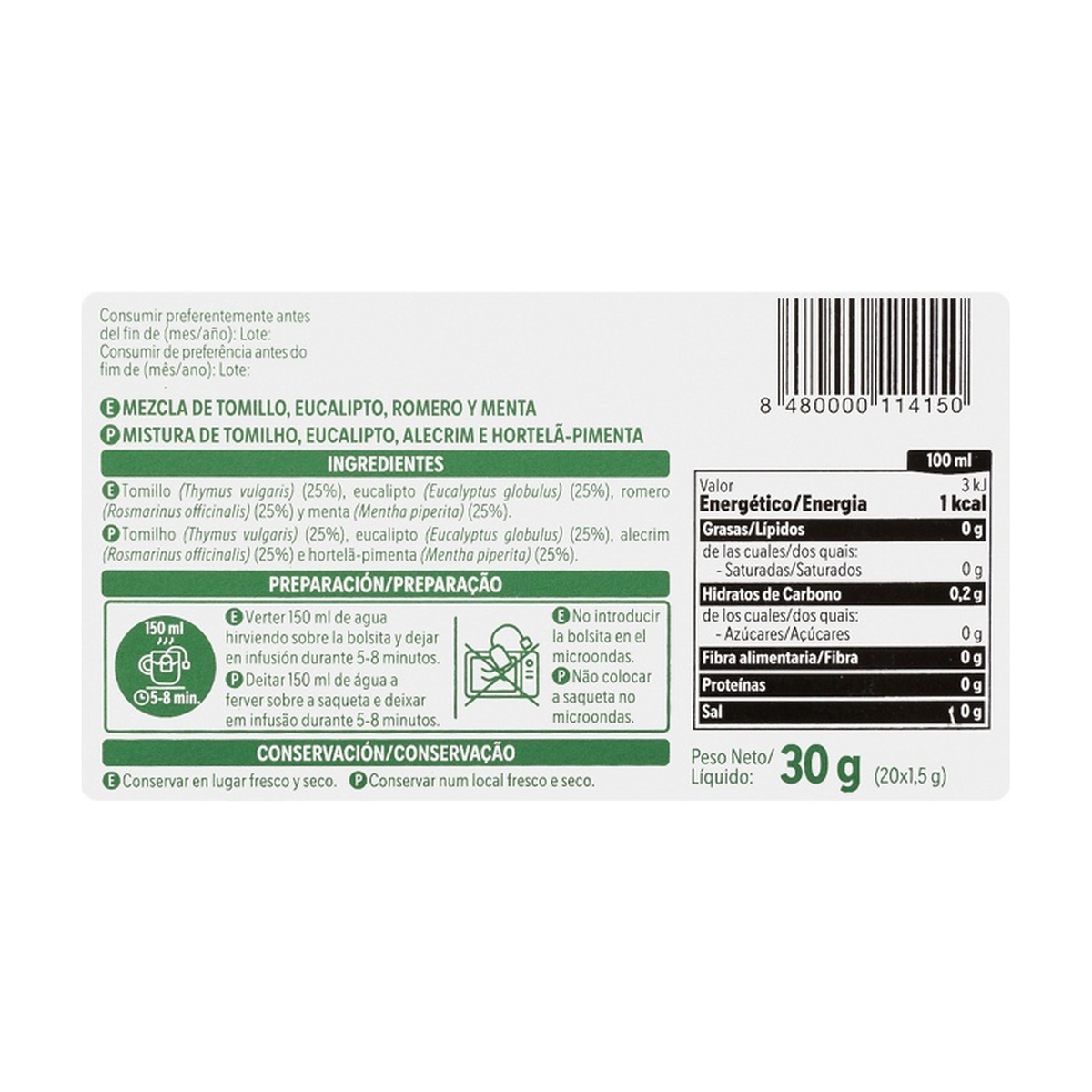Hacendado Respir Infusion — Thyme, Eucalyptus, Rosemary & Mint (20 Tea Bags, 30 g)