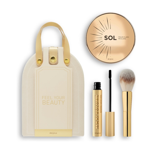 Deliplus Feel Your Beauty dāvanu komplekts – Sol bronzējošais pūderis, Maxi Volume skropstu tuša un sejas otiņa