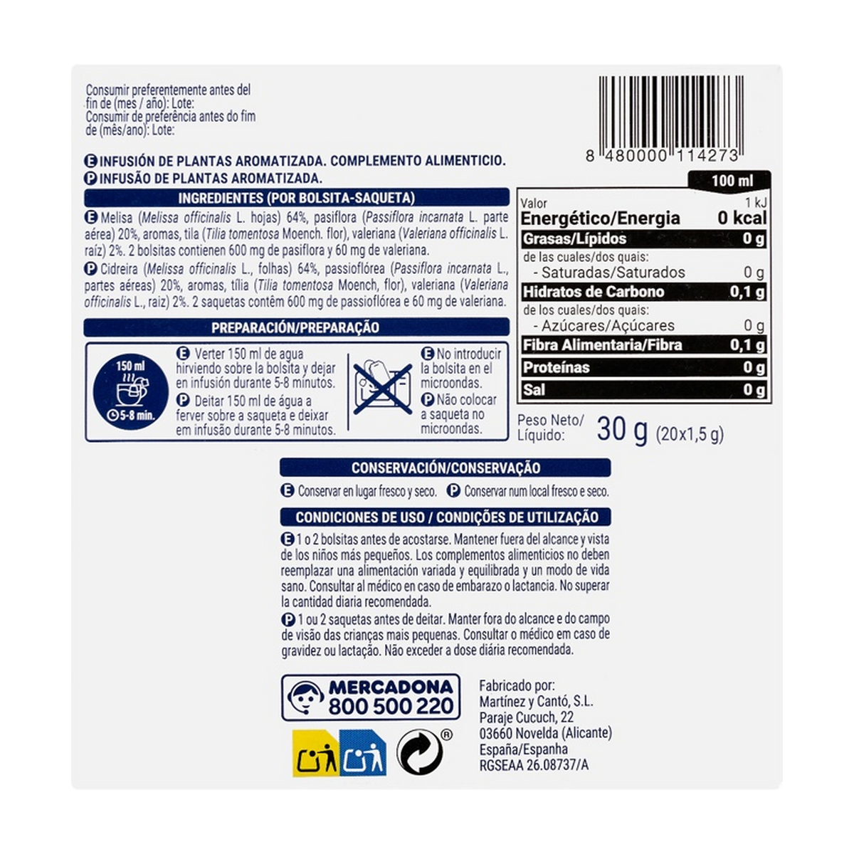 Hacendado Dormir Sleep Infusion — Lemon Balm, Passionflower & Valerian (20 Tea Bags, 30 g)