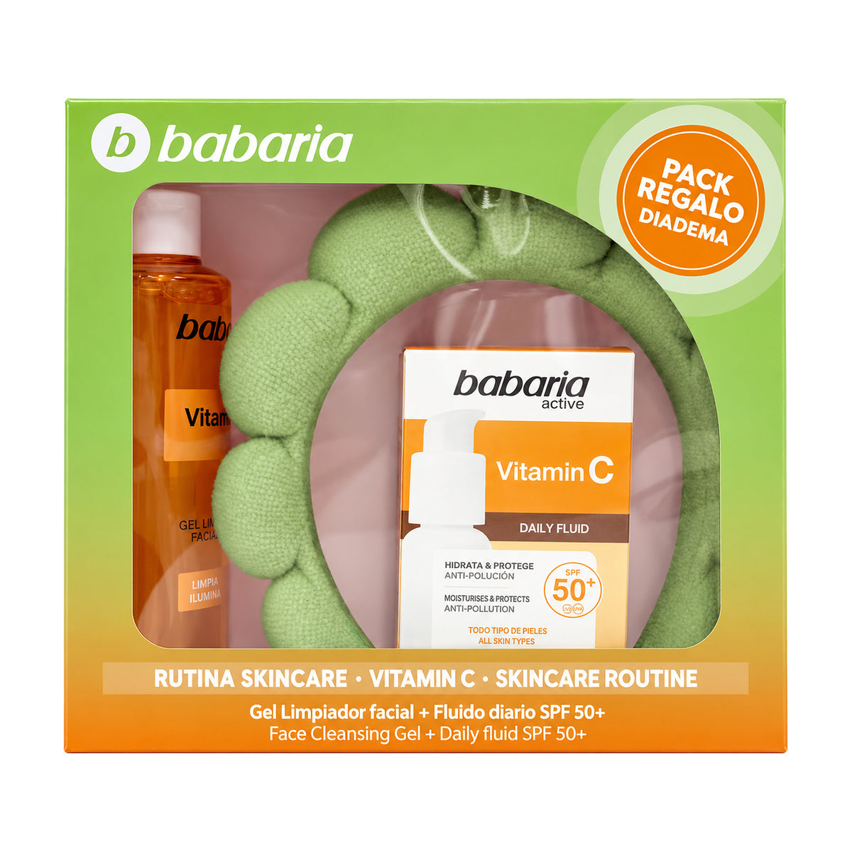 Babaria C vitamīna ādas kopšanas dāvanu komplekts – sejas mazgāšanas želeja + dienas fluīds SPF 50+ + matu stīpa