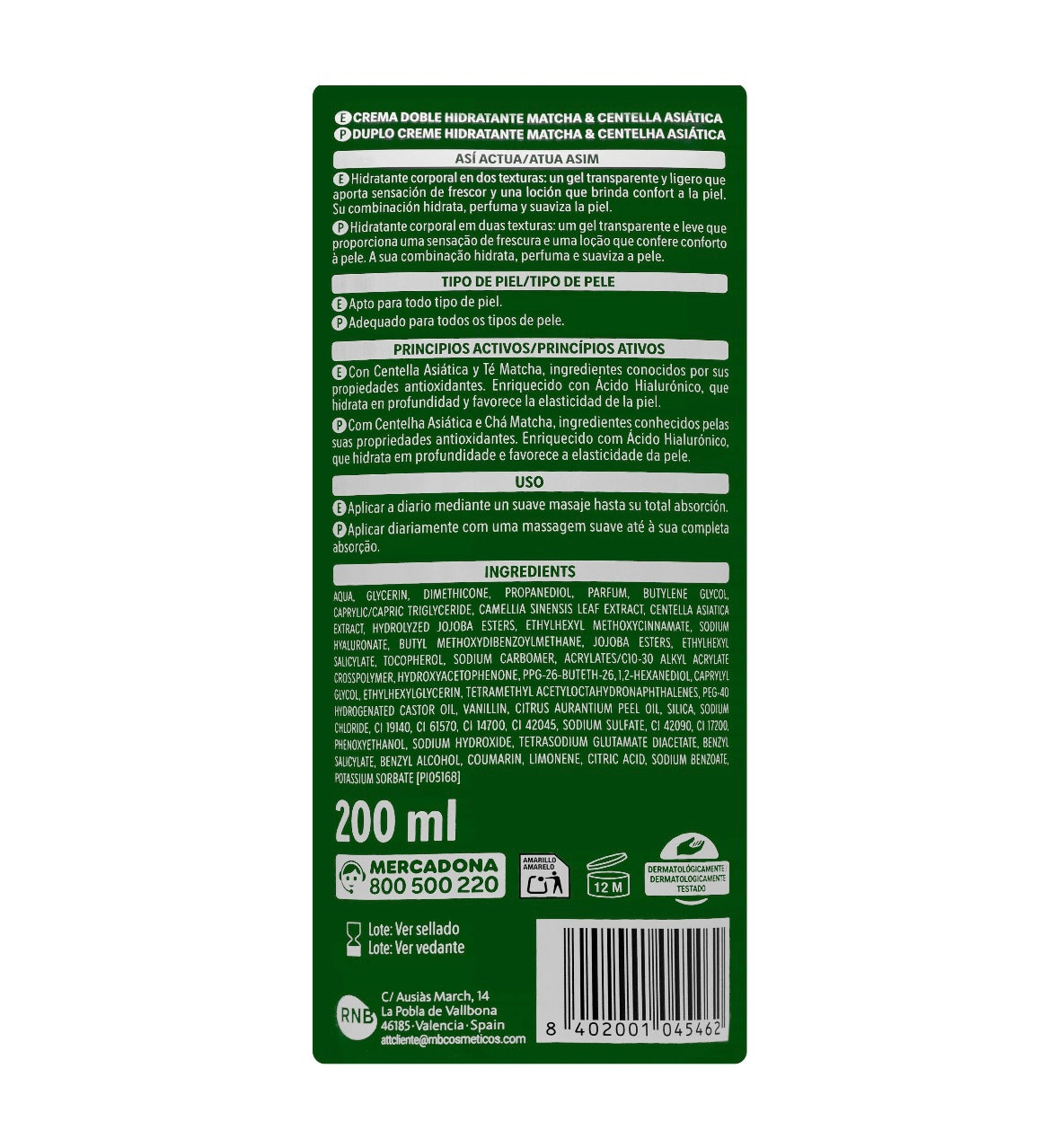 Divkārši mitrinošs krēms Matcha un Āzijas centella no Deliplus — 200 ml