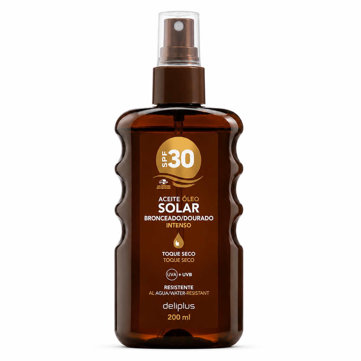Deliplus Solar sauļošanās eļļa SPF 30 – ūdensizturīga sausā pieskāriena saules eļļa intensīvam zeltainam iedegumam, 200 ml