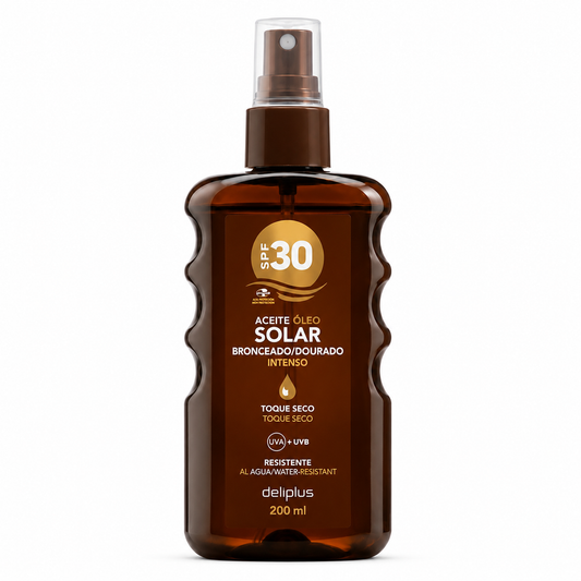 Deliplus Solar Tanning Oil SPF 30 – Dry-Touch Water-Resistant Sun Oil for Intense Golden Tan, 200ml