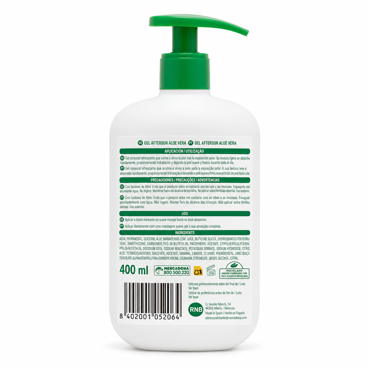 Gel Après-Soleil Deliplus à l'Aloe Vera – Gel Corps Rafraîchissant et Apaisant pour Peau Exposée au Soleil, 400 ml