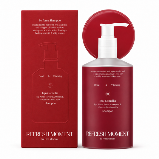 Refresh Moment smaržu šampūns 01 Jeju kamēlija — korejiešu barojošs un mīkstinošs ziedu šampūns, 500 ml