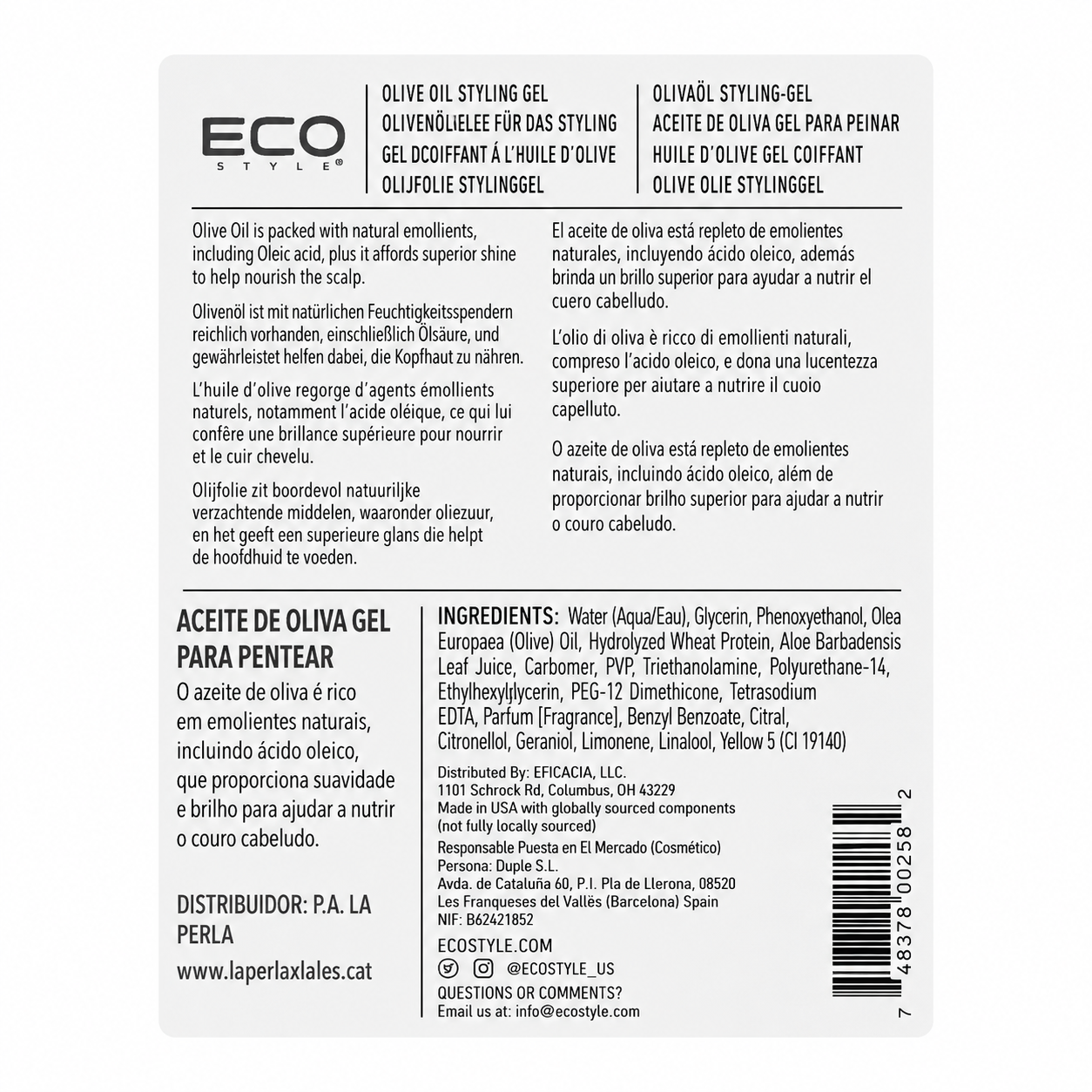 Eco Style ar olīveļļu veidošanas gēls maksimālai fiksācijai, bez spirta, 237ml