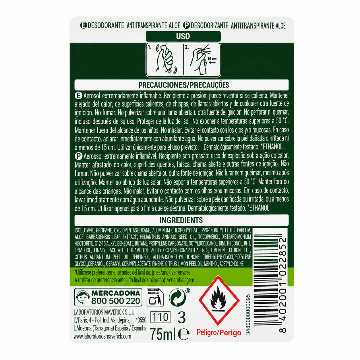 Aérosol antitranspirant Deliplus Aloe - format voyage - 48h - sans alcool - 75ml