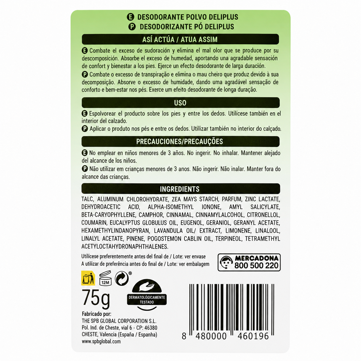 Poudre déodorante pour les pieds Deliplus - antitranspirante - 75g