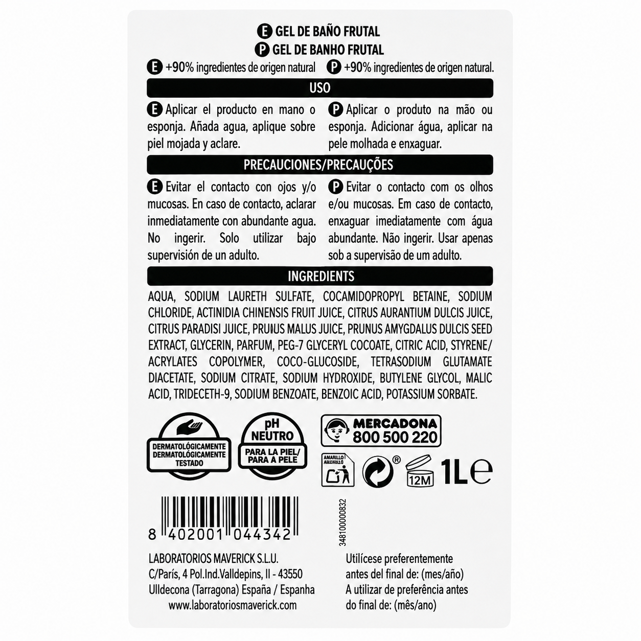 Deliplus Frutal Bath ; gel douche - fruité - peau normale - 1L