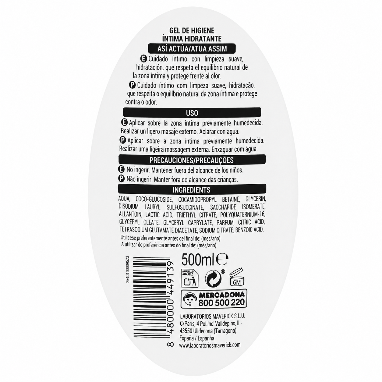 Deliplus Moisturizing Intimate Hygiene Gel ingredients and instructions label
