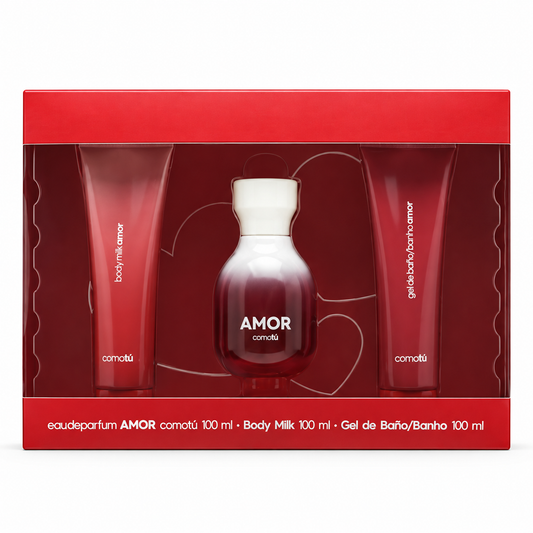 AMOR comotú Coffret cadeau — Eau de parfum 100 ml + Lait pour le corps 100 ml + Gel douche 100 ml