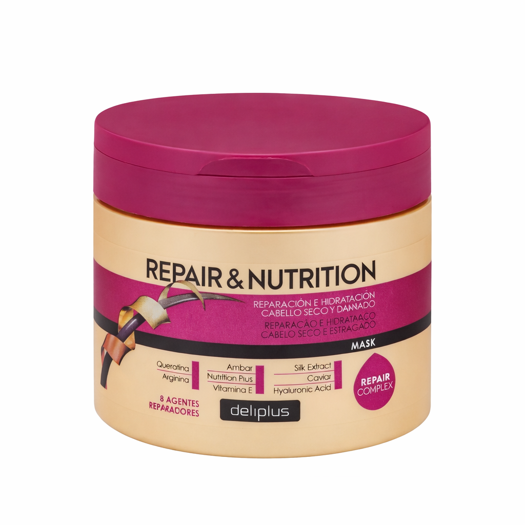 Маска для волос Deliplus Repair Nutrition для сухих и поврежденных волос с 8 восстанавливающими компонентами.