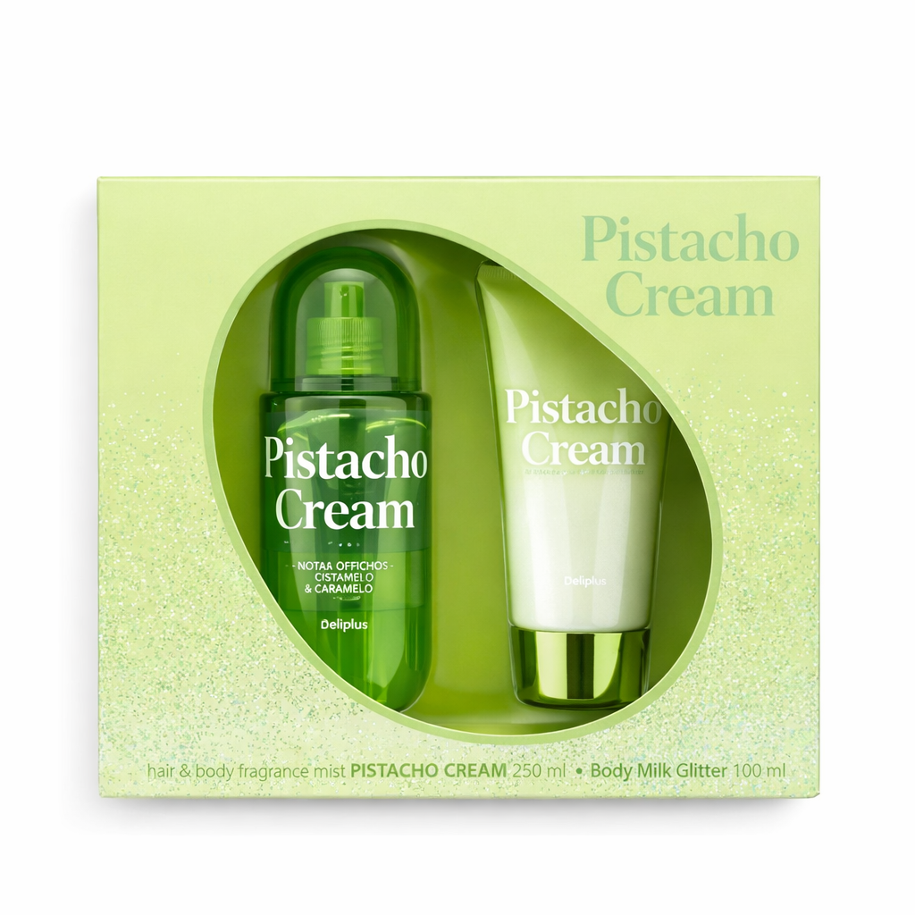 Pistāciju krēma dāvanu komplekts – Deliplus (Aromātiskā migla + Mirdzošs ķermeņa piens)